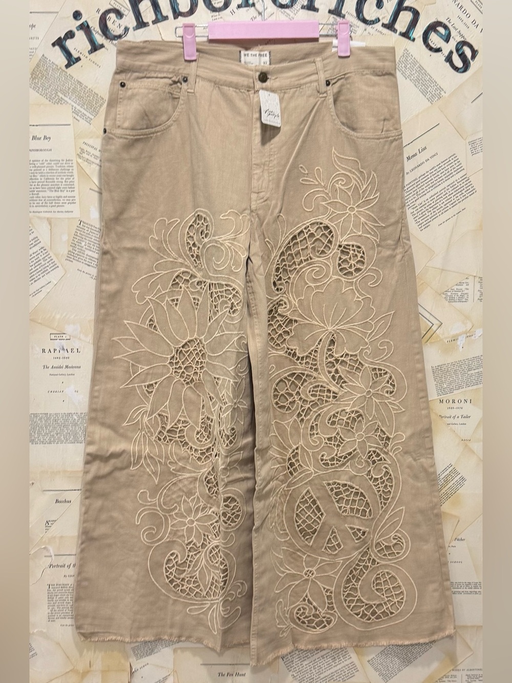 Free People Cut To The Chase Flare Jeans We The Free Embroider Cutwork Lace Tan - Picture 6 of 7